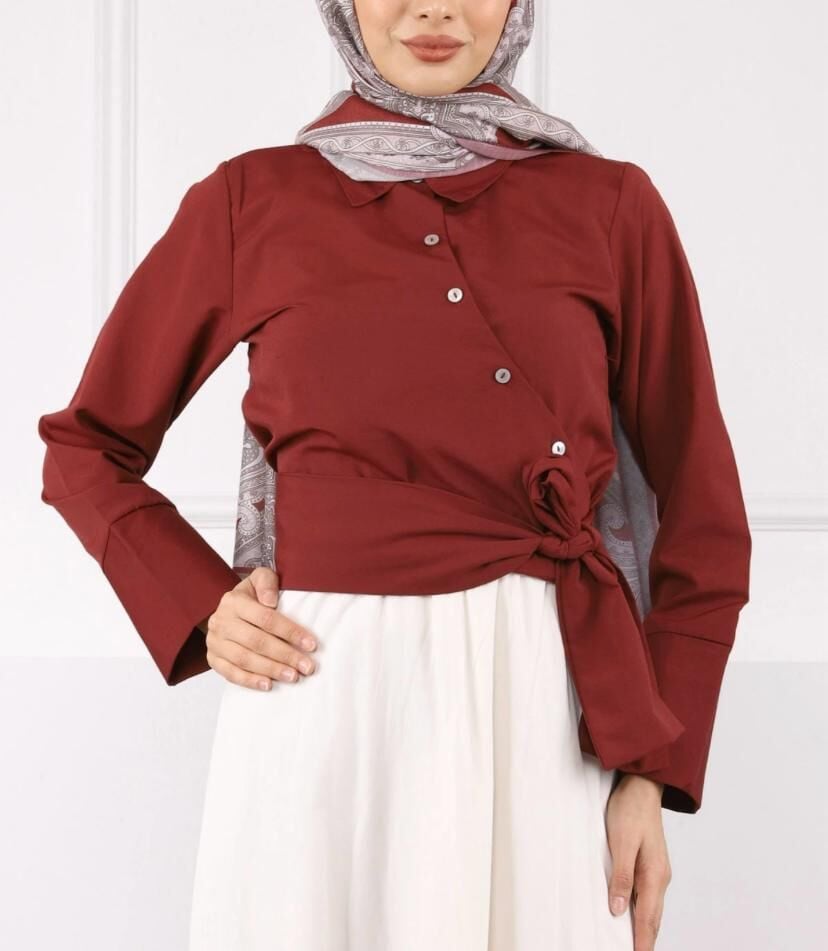 Bordo Bel Bağlamalı Crop Gömlek