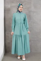 Gömlek Yaka Kuşaklı Elbise-Su Yeşili