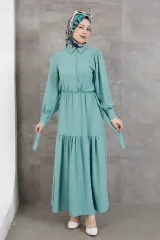 Gömlek Yaka Kuşaklı Elbise-Su Yeşili