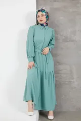 Gömlek Yaka Kuşaklı Elbise-Su Yeşili