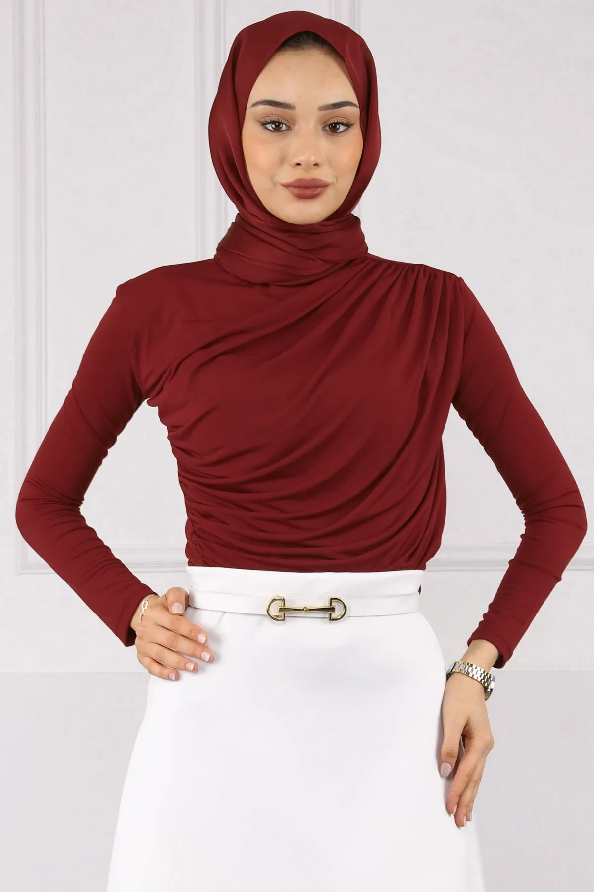 Bordo Önü Drapeli Sandy Bluz